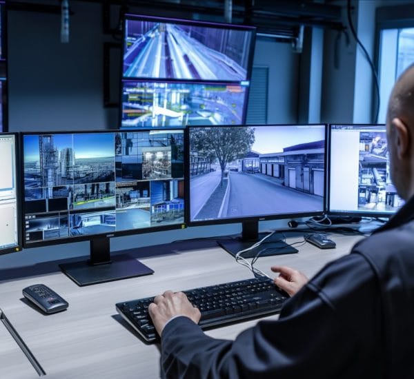 A man sitting at a desk in front of numerous monitors, monitoring various security feeds.